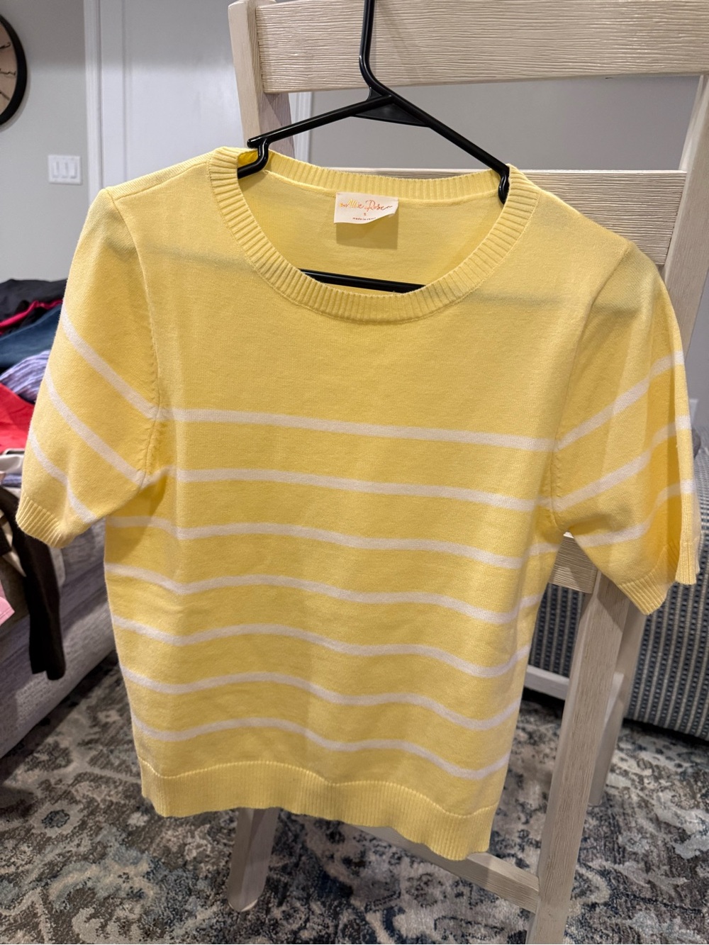 Short-Sleeve Yellow and White Striped Crewneck Sweater